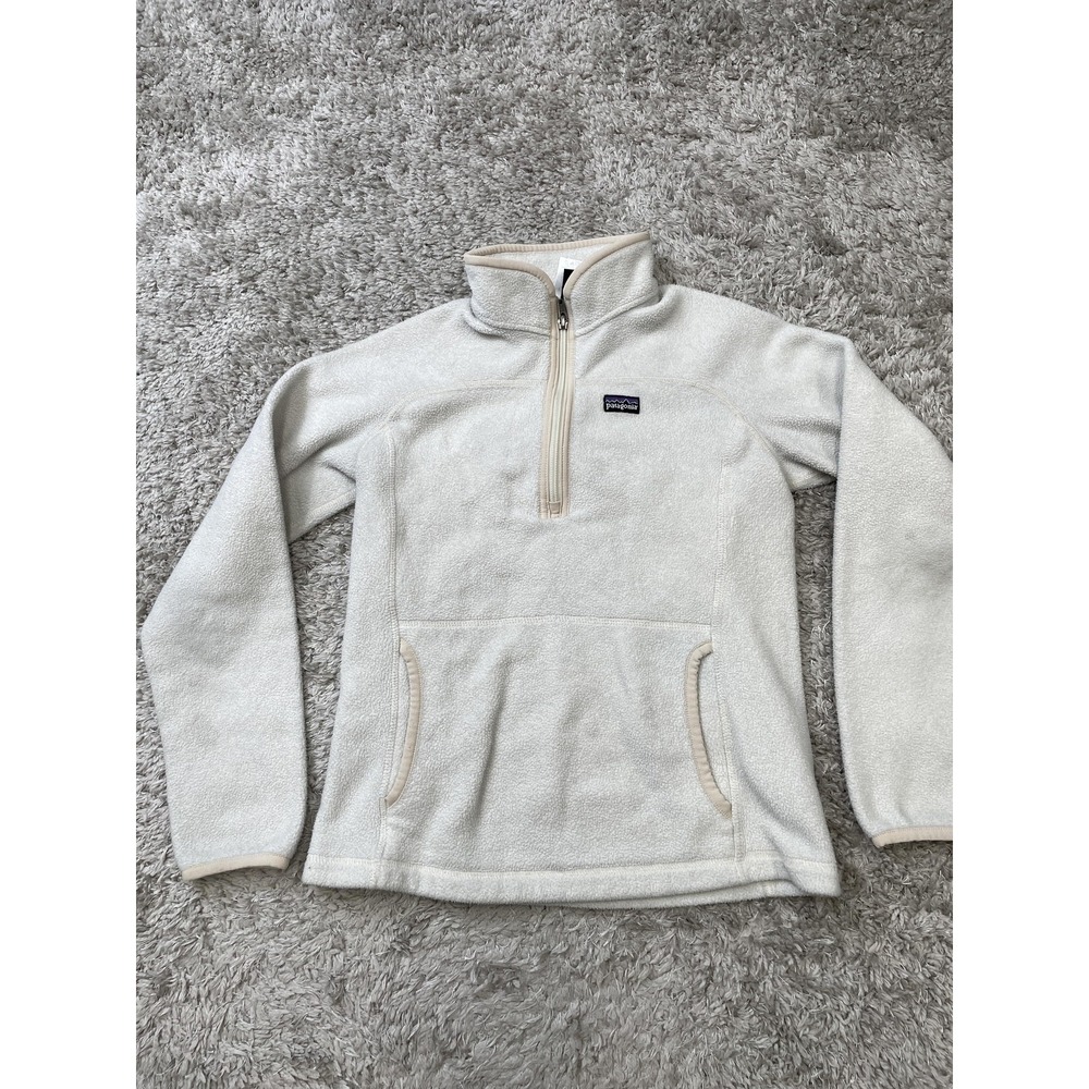 Patagonia Fleece Sweater Girls Large 12 Ivory 1/4 Zip Synchilla Pullover Pockets - Picture 2 of 11